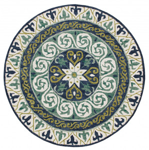 Homeroots Home Decor 7' Round Blue and Green Ornate Medallion Area Rug