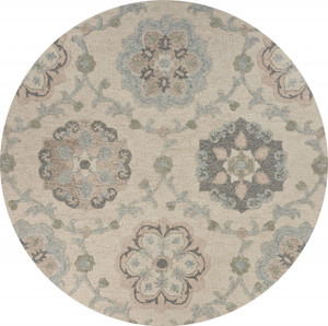 5' Blue And Ivory Round Wool Hand Tufted Area Rug