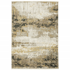 Homeroots Home Decor 5' x 8' Abstract Area Rug, Grey Gold Black Charcoal and Beige, Power Loom Stain Resistant with Fringe