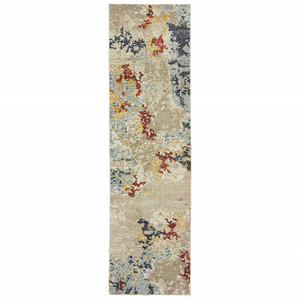 Homeroots Home Decor 2' x 8' Abstract Runner Rug, Beige and Blue, Power Loom Stain Resistant