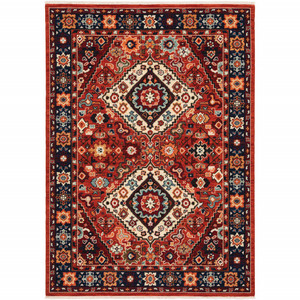 Homeroots Home Decor 5' x 8' Red and Blue Machine Woven Oriental Indoor Area Rug