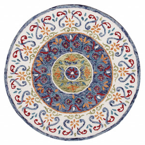 Homeroots Home Decor 6' Round Blue and White Ornate Medallion Area Rug