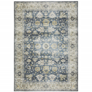 5' X 7' Blue Gold Green And Ivory Oriental Printed Stain Resistant Non Skid Area Rug - 606114618690