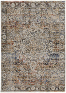 Homeroots Home Decor 8' x 10' Tan Orange and Blue Floral Power Loom Distressed Area Rug with Fringe