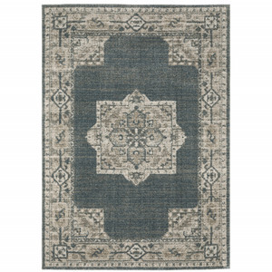 Homeroots Home Decor Oriental Area Rug Blue and Beige Power Loom Stain Resistant 8' x 11'