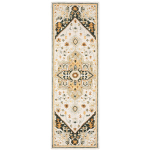 8' Ivory and Black Oriental Handmade Runner Rug