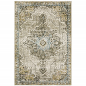 Homeroots Home Decor 8' x 10' Oriental Power Loom Stain Resistant Area Rug, Grey Blue Beige and Gold