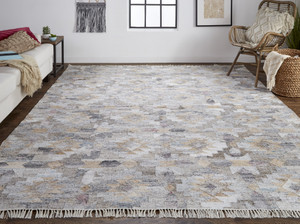 Homeroots Home Decor 5' x 8' Taupe, Gray and Blue Geometric Hand Woven Stain Resistant Area Rug with Fringe