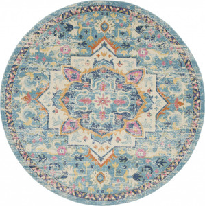 Homeroots Home Decor 8' Round Light Blue and Ivory Distressed Area Rug