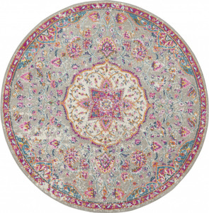 5’ Round Gray and Pink Medallion Area Rug - 4512822822433