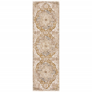2' X 8' Gold And Ivory Oriental Power Loom Stain Resistant Runner Rug With Fringe
