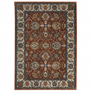 2' X 3' Red Blue Ivory Gold And Navy Oriental Power Loom Stain Resistant Area Rug With Fringe - 606114585770