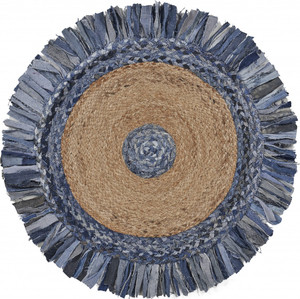 4' Beige And Blue Abstract Geometric Hand Woven Round Rug