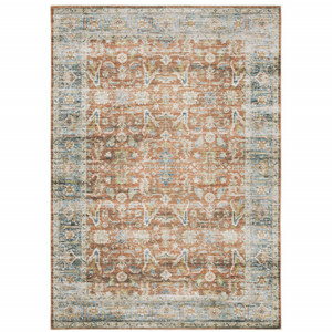 4' X 6' Rust Blue Ivory And Gold Oriental Printed Stain Resistant Non Skid Area Rug - 606114618478