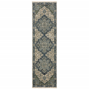 2' X 8' Blue Grey Beige Tan Green And Gold Oriental Power Loom Stain Resistant Runner Rug With Fringe - 606114586043 2' X 8' Blue Grey Beige Tan Green And Gold Oriental Power Loom Stain Resistant Runner Rug With Fringe - 606114586043