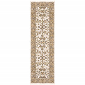 2' X 8' Ivory And Gold Oriental Power Loom Stain Resistant Runner Rug With Fringe - 606114605621
