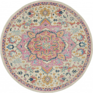 5’ Round Ivory and Pink Medallion Area Rug - 4512822823201