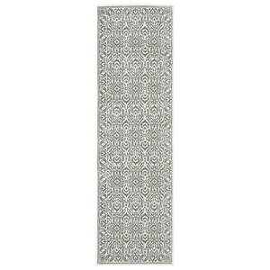 2' X 8' Grey And White Floral Power Loom Stain Resistant Runner Rug