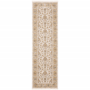 2' X 8' Ivory And Gold Oriental Power Loom Stain Resistant Runner Rug With Fringe - 606114606291