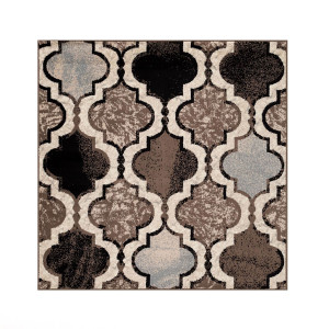 8' Square Ivory Square Quatrefoil Power Loom Distressed Stain Resistant Area Rug - 606114076452