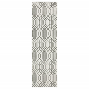 2' X 8' White And Grey Geometric Power Loom Stain Resistant Runner Rug