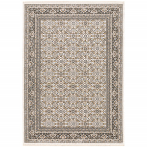 2' X 3' Ivory And Grey Oriental Power Loom Stain Resistant Area Rug With Fringe - 606114606178