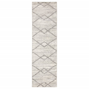 2' X 8' Ivory And Grey Geometric Shag Power Loom Stain Resistant Runner Rug - 606114613848