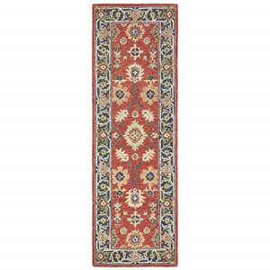 8' Red And Green Wool Hand Tufted Runner Rug