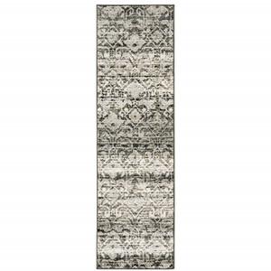 2' X 8' Grey And Ivory Geometric Power Loom Stain Resistant Runner Rug - 606114593980