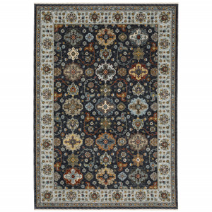 3' X 5' Blue Red Beige Yellow Grey Rust And Gold Oriental Power Loom Stain Resistant Area Rug With Fringe - 606114585640