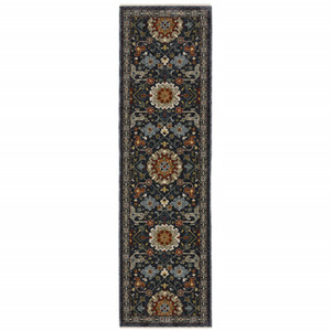 2' X 8' Blue Red Ivory And Gold Oriental Power Loom Stain Resistant Runner Rug With Fringe