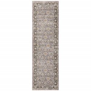 2' X 8' Grey And Blue Oriental Power Loom Stain Resistant Runner Rug With Fringe