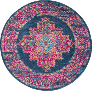 4' Blue And Pink Medallion Distressed Round Rug