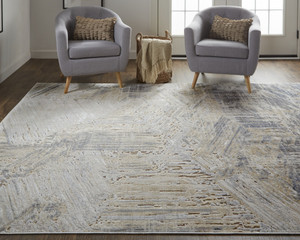 2' X 3' Ivory Gray And Tan Abstract Distressed Area Rug Polyester
