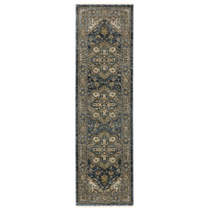 8' Blue and Green Oriental Power Loom Runner Rug