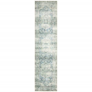 2' X 8' Grey Blue And Ivory Oriental Power Loom Stain Resistant Runner Rug - 606114610519
