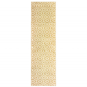 2' X 8' Gold And Ivory Geometric Power Loom Stain Resistant Runner Rug - 606114598992