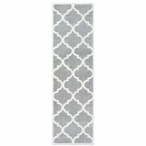 2' X 8' Grey And Ivory Geometric Shag Power Loom Stain Resistant Runner Rug Polyester