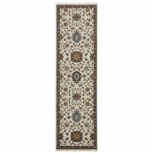 2' X 8' Beige Rust Red Blue Gold And Grey Oriental Power Loom Stain Resistant Runner Rug With Fringe - 606114585831