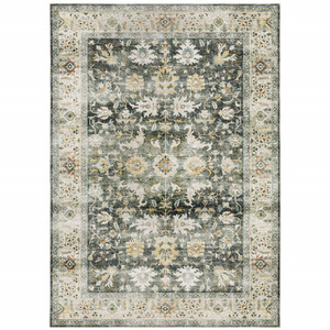 4' X 6' Grey Charcoal Gold Brown Ivory Pale Sage And Light Blue Oriental Printed Stain Resistant Non Skid Area Rug - 606114618744