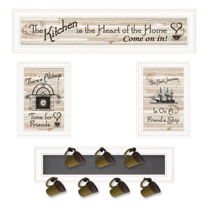 Set Of Four Kitchen Print (33x8) &amp;amp; Mug Rack(Horizonal) 27x8x3 White Frame White Framed Print Wall Art - 606114044666
