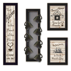 Set Of Four Come On In Black 4 Framed Kitchen Wall Prints with Mug Rack - 606114679394