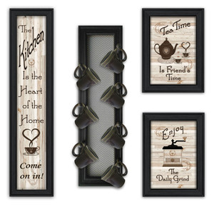 Set Of Four Come On In Black Framed Kitchen Wall Prints with Mug Rack - 606114679363
