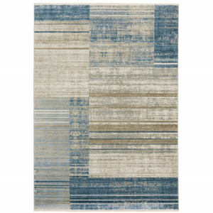 Homeroots Home Decor 8' x 11' Geometric Area Rug, Blue Dark Blue Teal Grey Ivory Beige and Tan, Power Loom Stain Resistant with Fringe