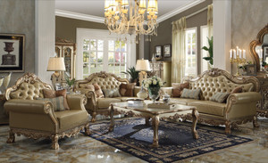 Homeroots Living Room 45" Ivory Faux Leather and Gold Patina Ornate Arm Chair