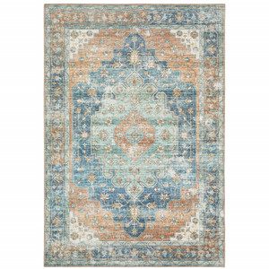 Homeroots Home Decor 9' X 12' Orange Blue Teal Green And Beige Oriental Power Loom Stain Resistant Area Rug