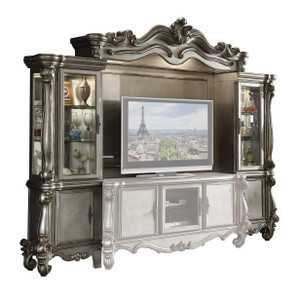 21" X 118" X 95" Antique Platinum Wood Poly Resin Glass Entertainment Center - 4512839713540
