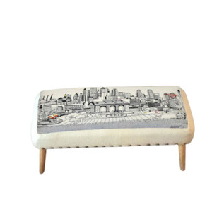 Homeroots Living Room Kansas City Daylight Skyline Embroidered Ottoman, White, 38"