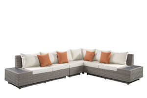 126" X 100" X 30" Beige Fabric And Gray Wicker Patio Sectional And Cocktail Table - 614486162581