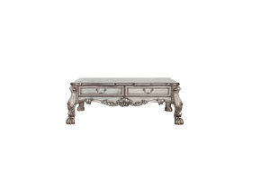 Homeroots Living Room 57" Vintage Bone White Solid Wood and Polyresin Rectangular Coffee Table with Two Drawers